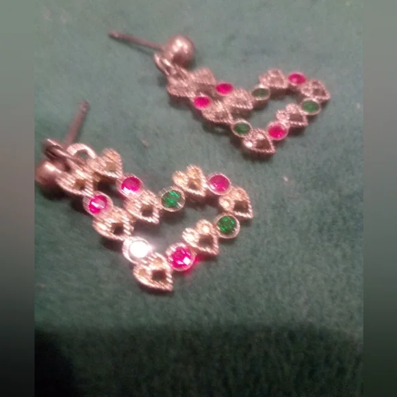 3/$18 Holiday Stocking Dainty Dangle Earrings Ruby Emeralds Sterling Silver - Picture 8 of 10